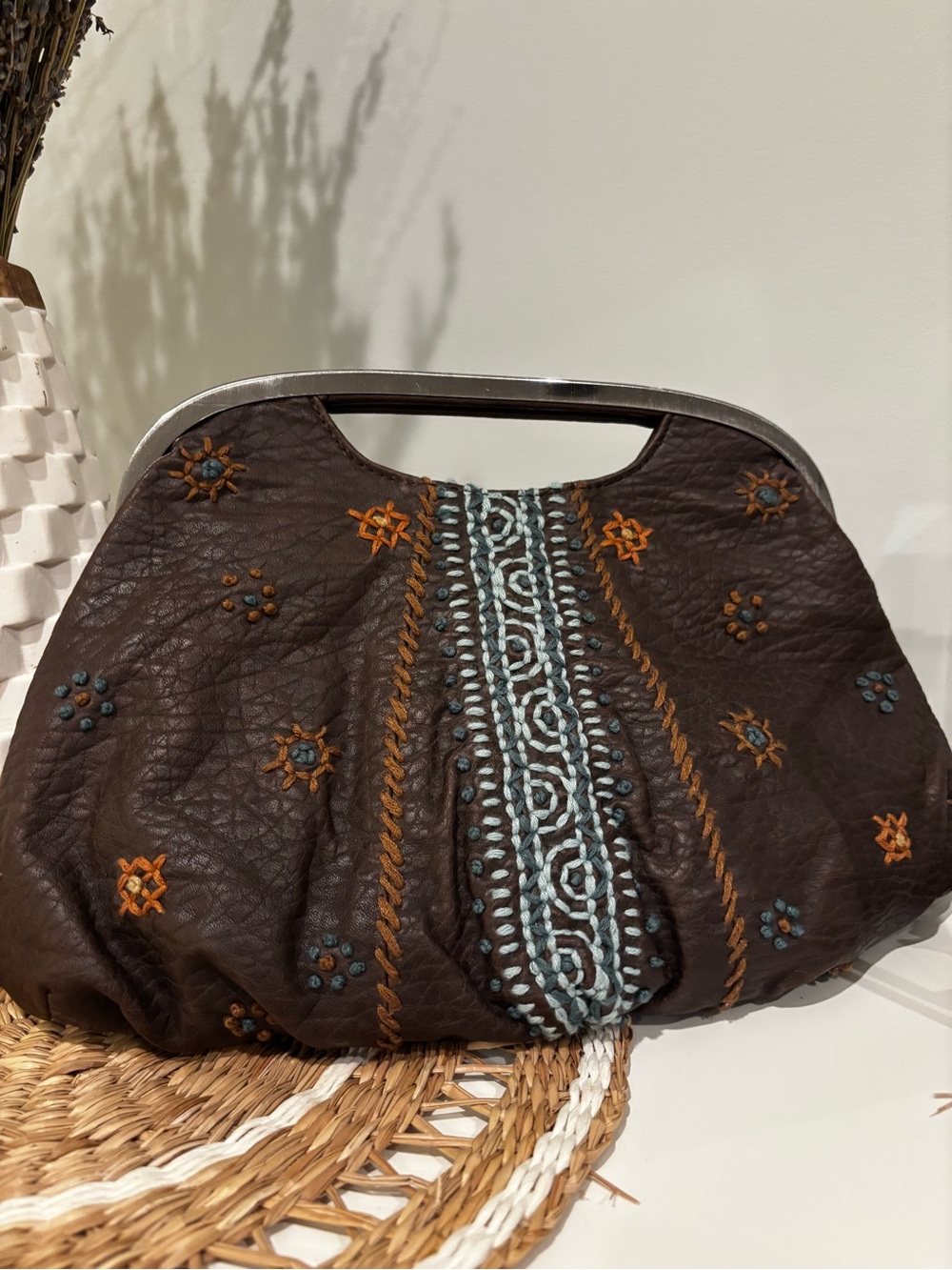 The Limited Brown Leather Clutch with Blue and Orange Embroidery